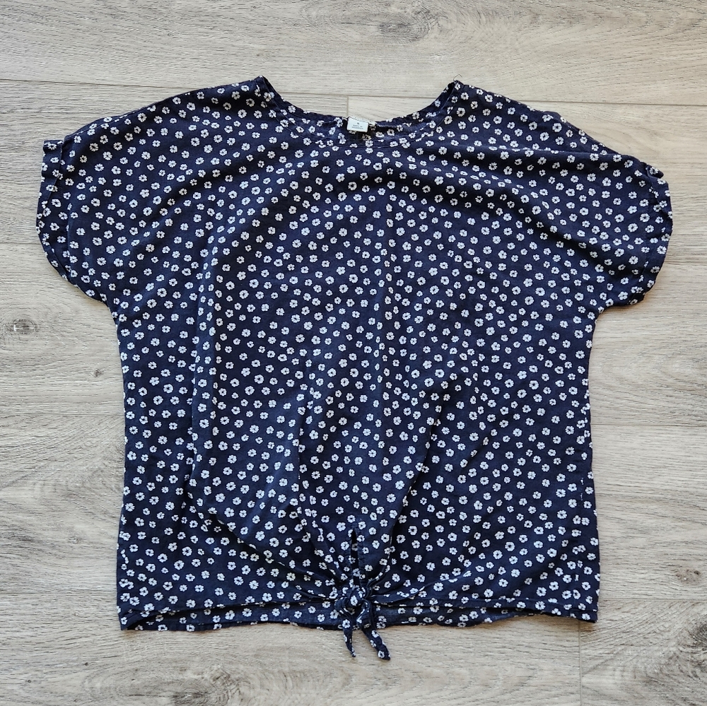 J. By J. Crew Navy Blue Floral Shirt Womens Small Front Tie Short Sleeves Cotton